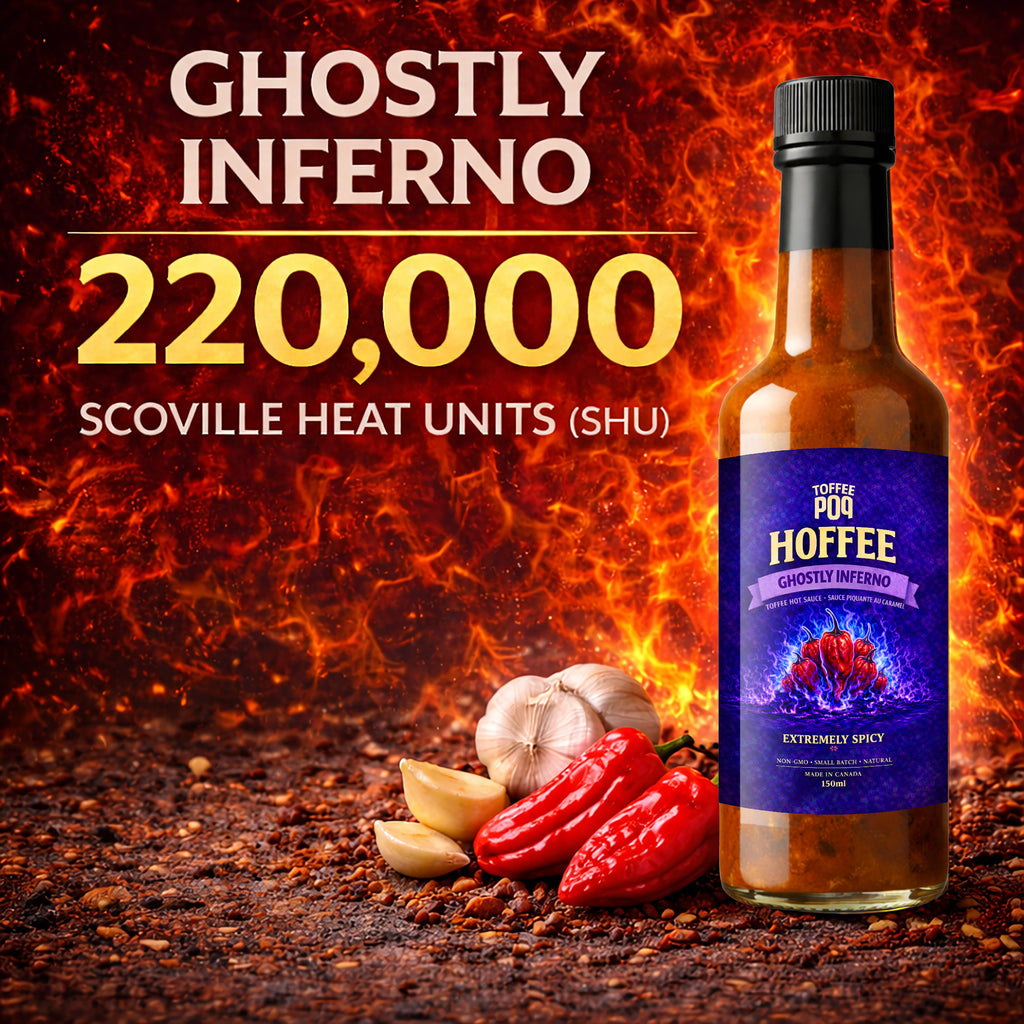 Bottle of Ghostly Inferno Hoffee with chili peppers and garlic on a fiery background