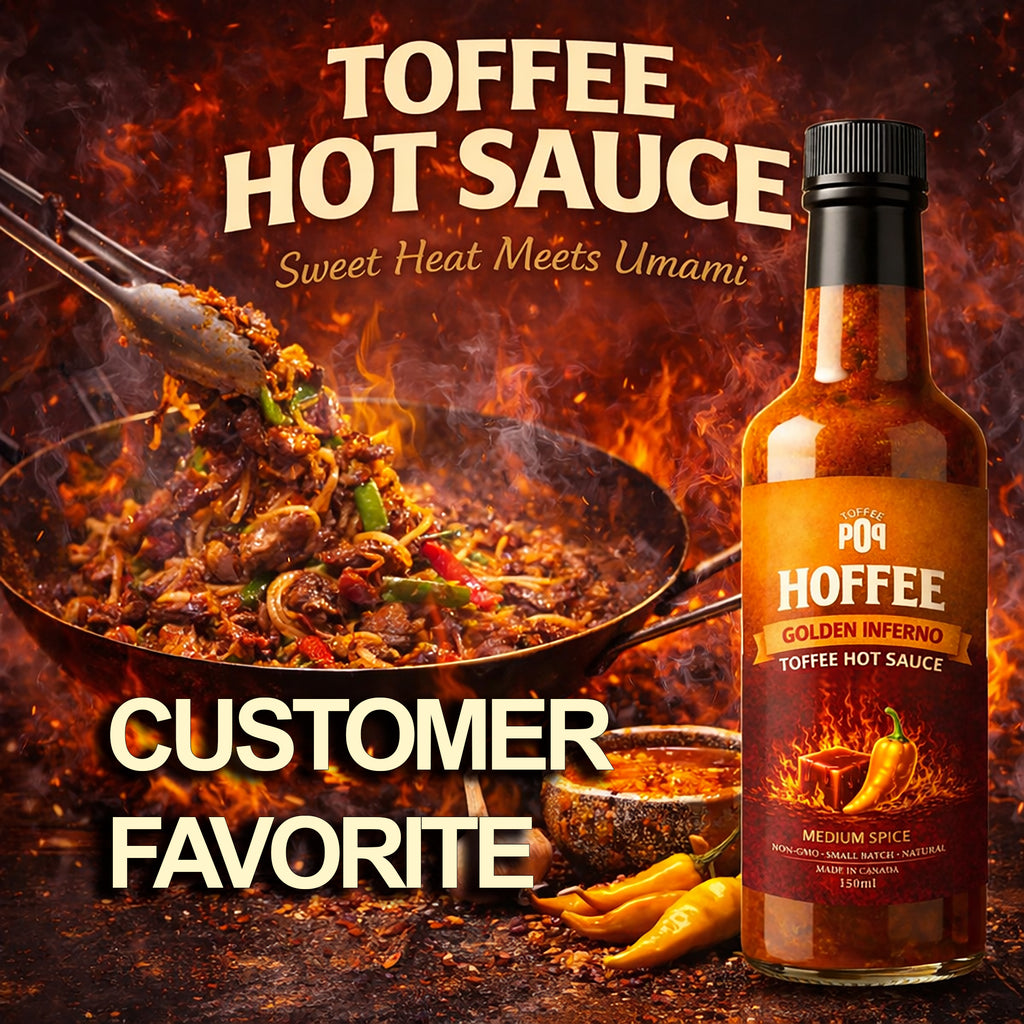 Bottle of Hoffee Golden Inferno Toffee Hot Sauce with spicy food and flames in the background