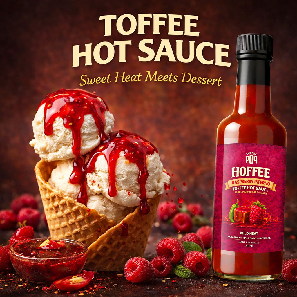 Bottle of Hoffee Raspberry Inferno Toffee Hot Sauce with ice cream and raspberries on a dark background