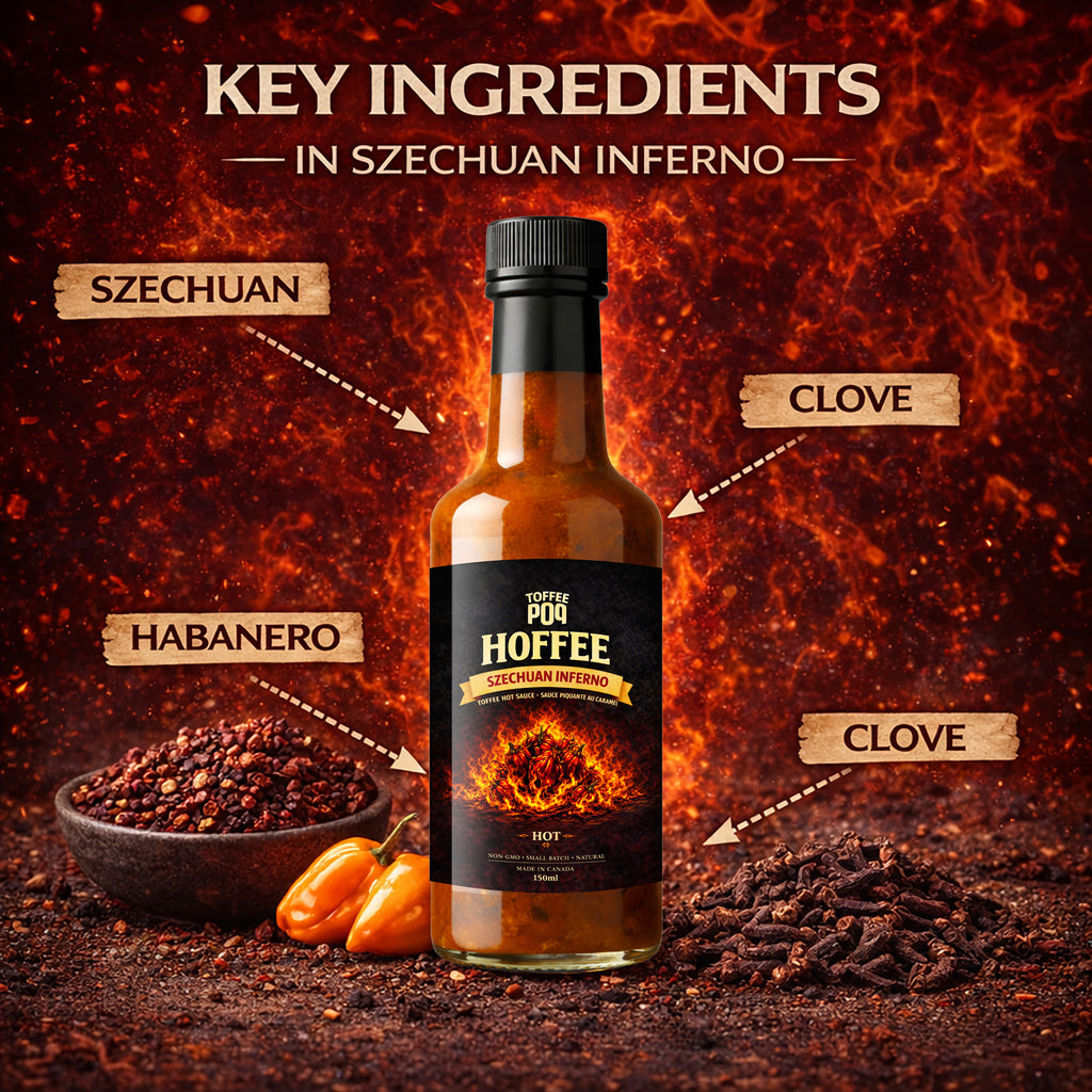 Bottle of Hoffee Szechuan Inferno with key ingredients labeled on a fiery background