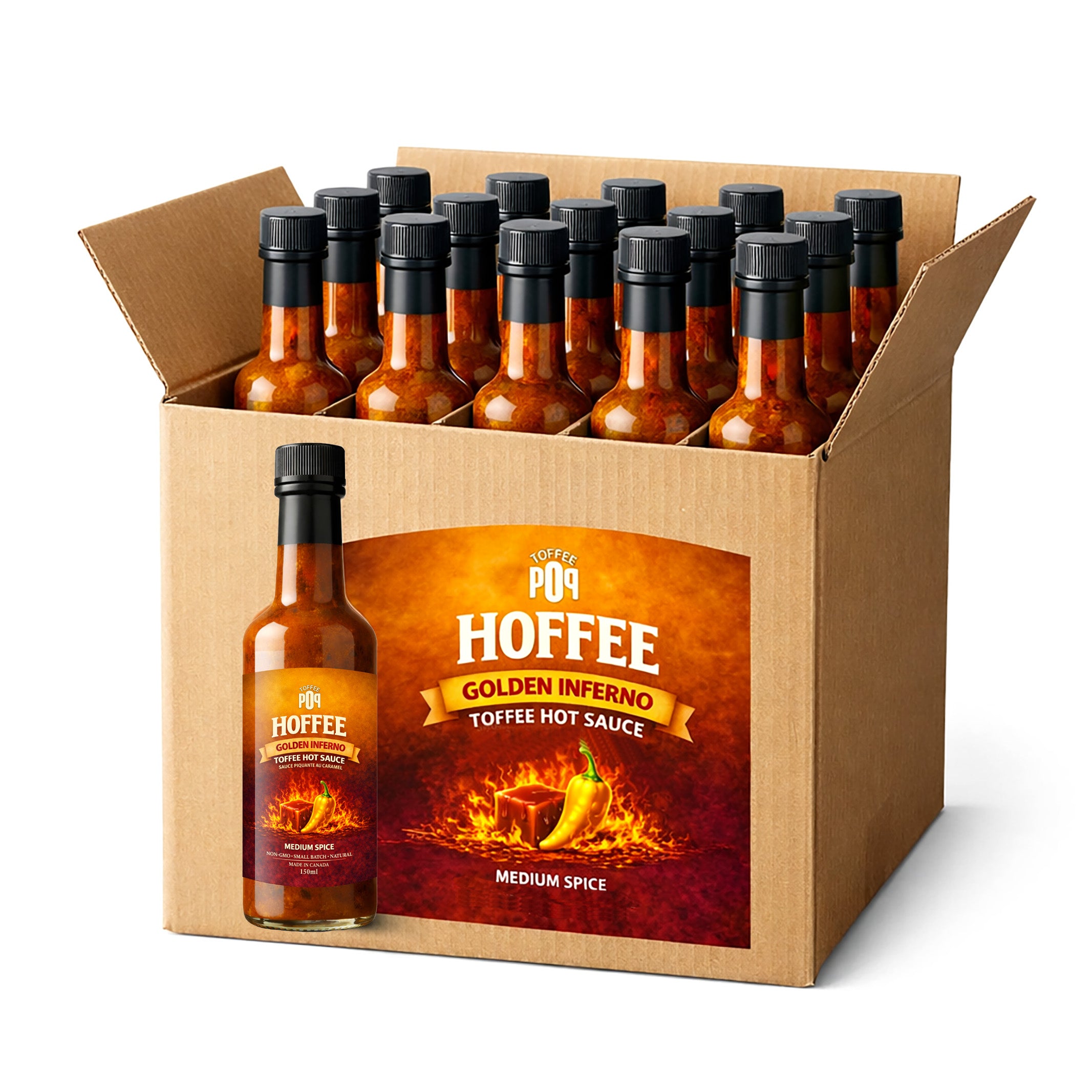 Box of Hoffee Golden Inferno toffee hot sauce bottles on a white background