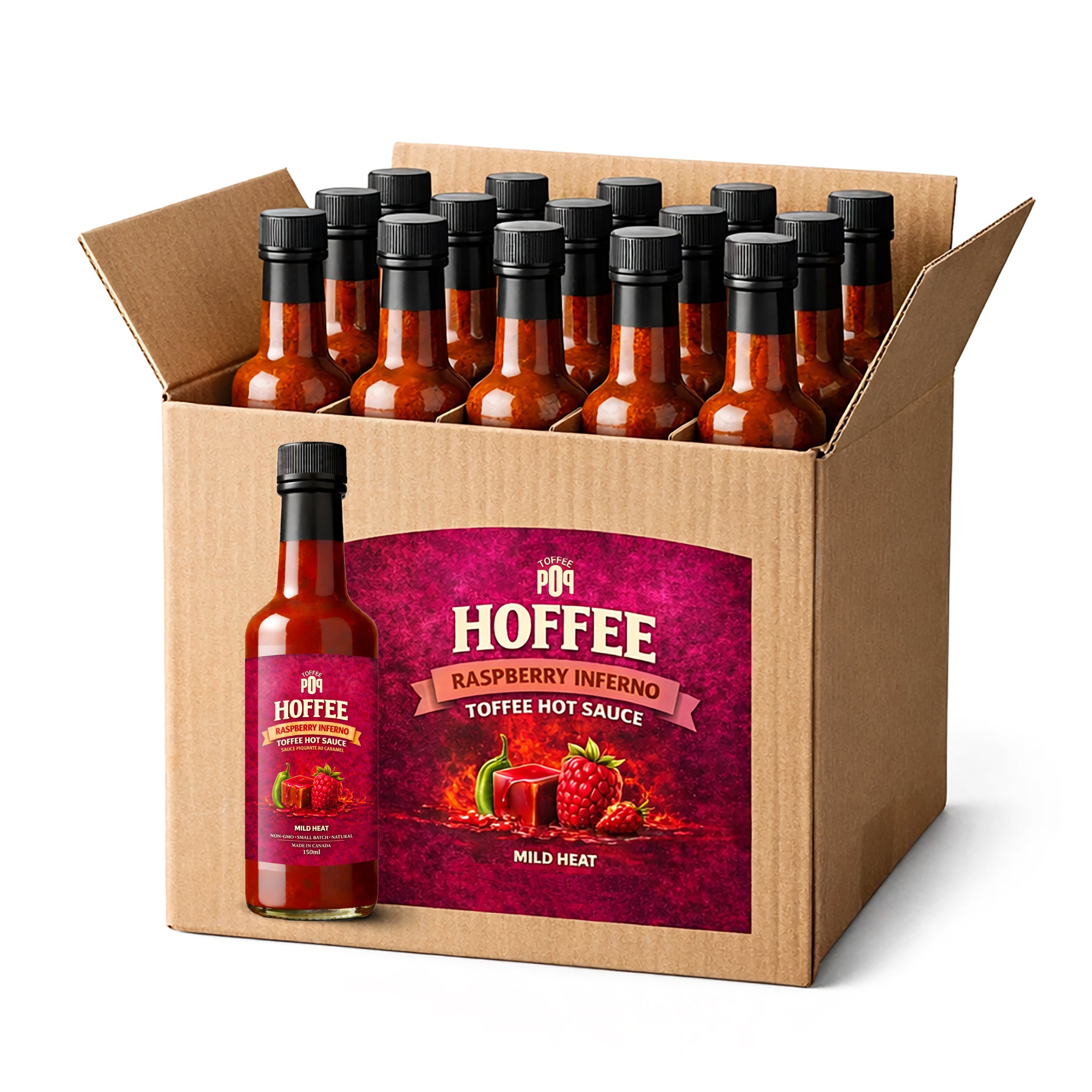 Box of Hoffee Raspberry Inferno Toffee Hot Sauce bottles on a white background