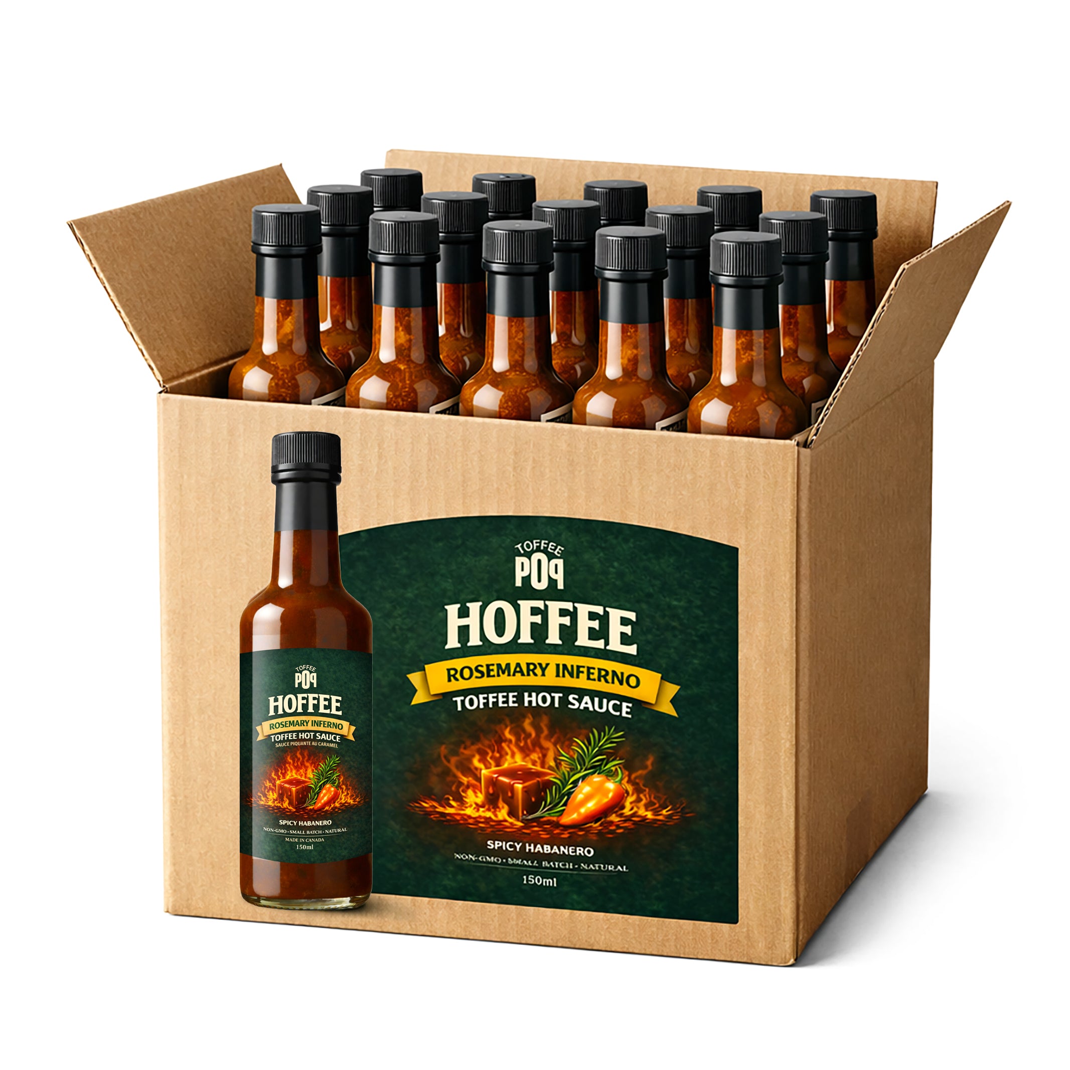 Box of Hoffee Rosemary Inferno hot sauce bottles on a white background