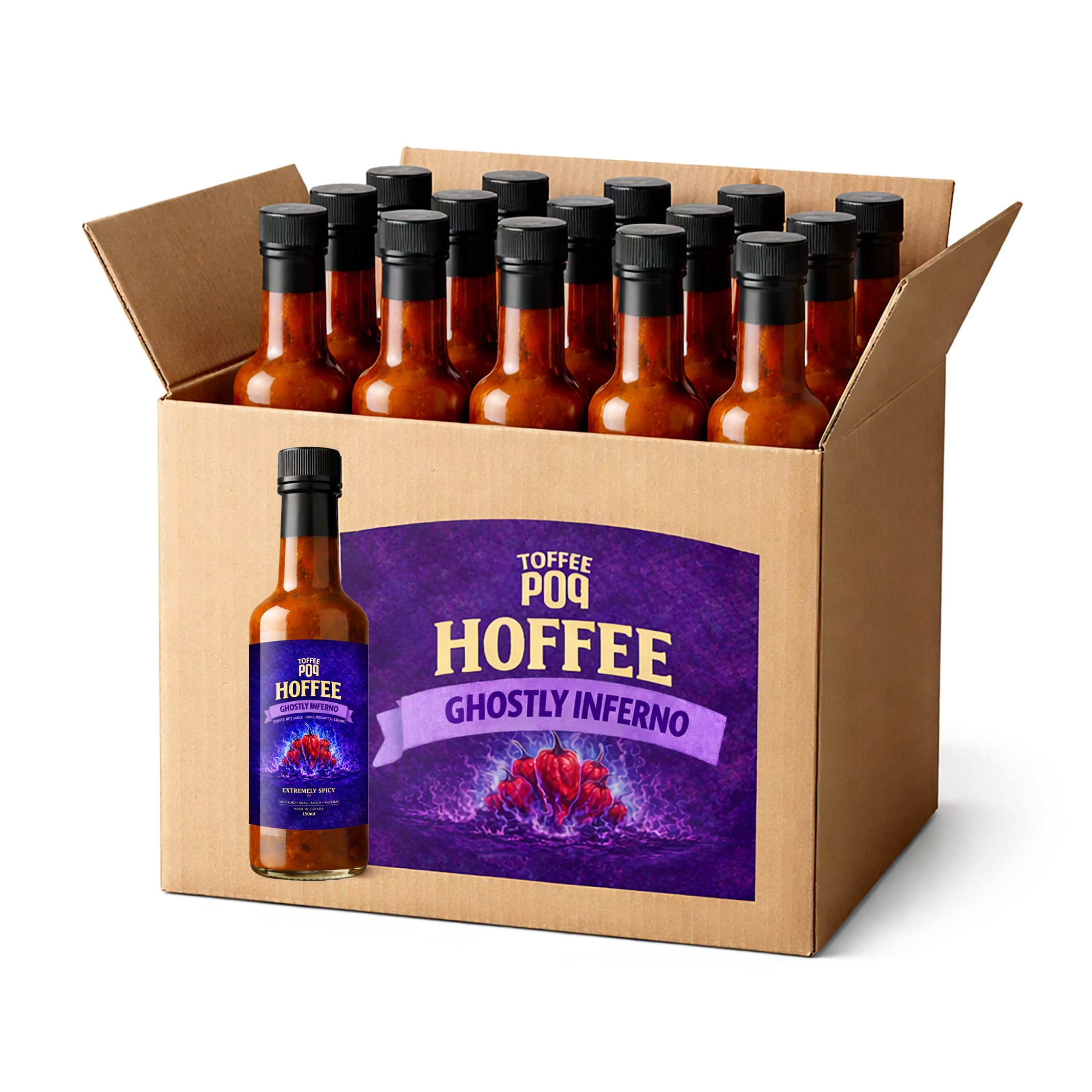 Box of Toffee Pop Hoffee Ghostly Inferno bottles on a white background