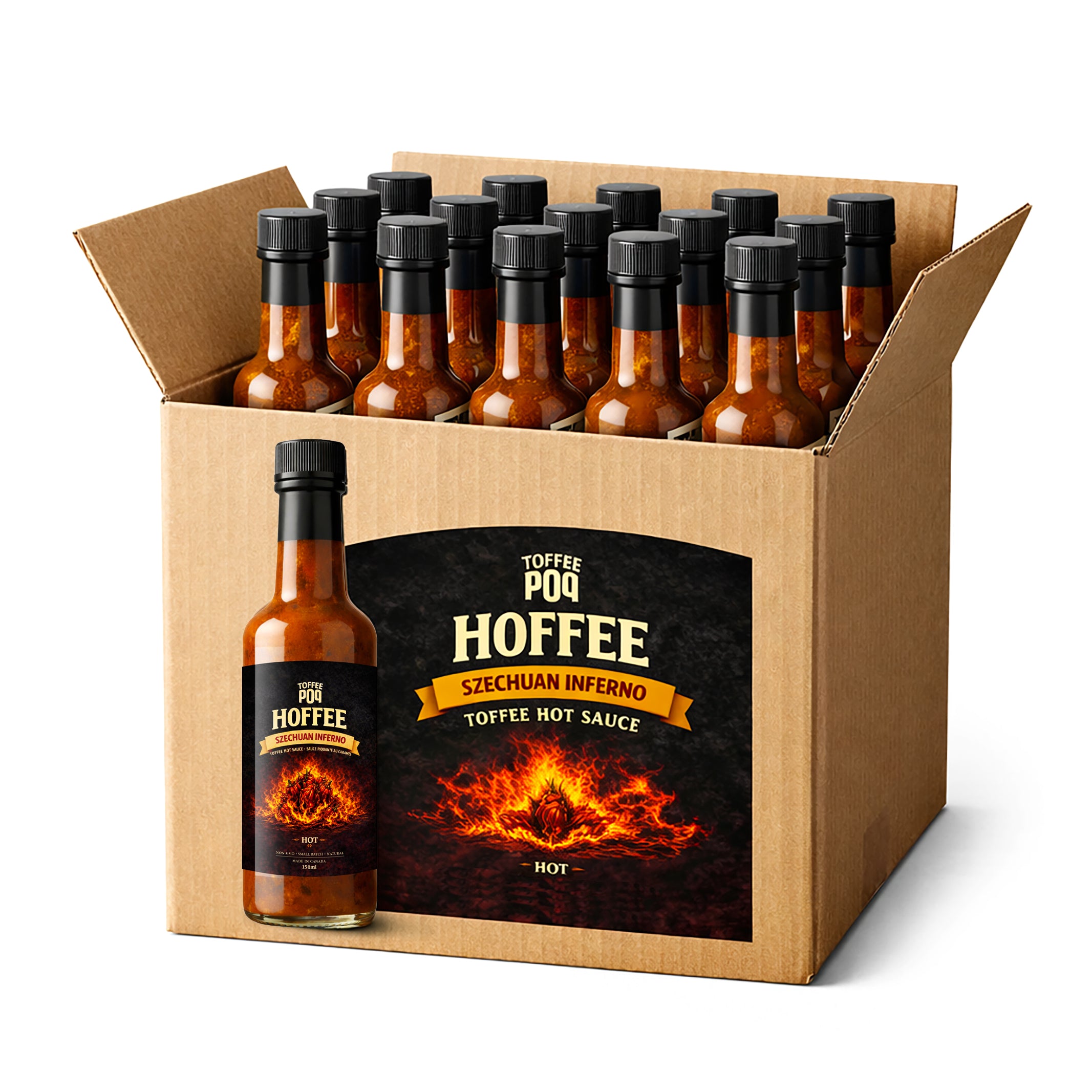 Box of Toffee Pop Hoffee Szechuan Inferno hot sauce bottles on a white background