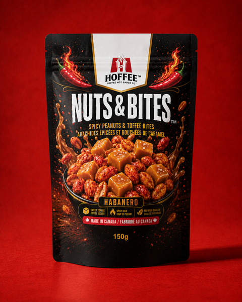 A 150g stand-up pouch of HOFFEE Nuts & Bites Habanero snack, featuring a black background with fiery red chili pepper graphics, a bowl of peanuts and caramel taffoyos, and bold white text, set against a solid red background.