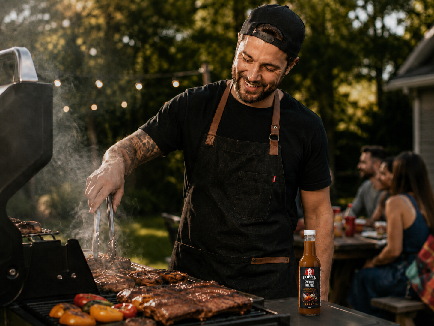 Man grilling outdoors with a bottle of barbecue sauce on a table.
