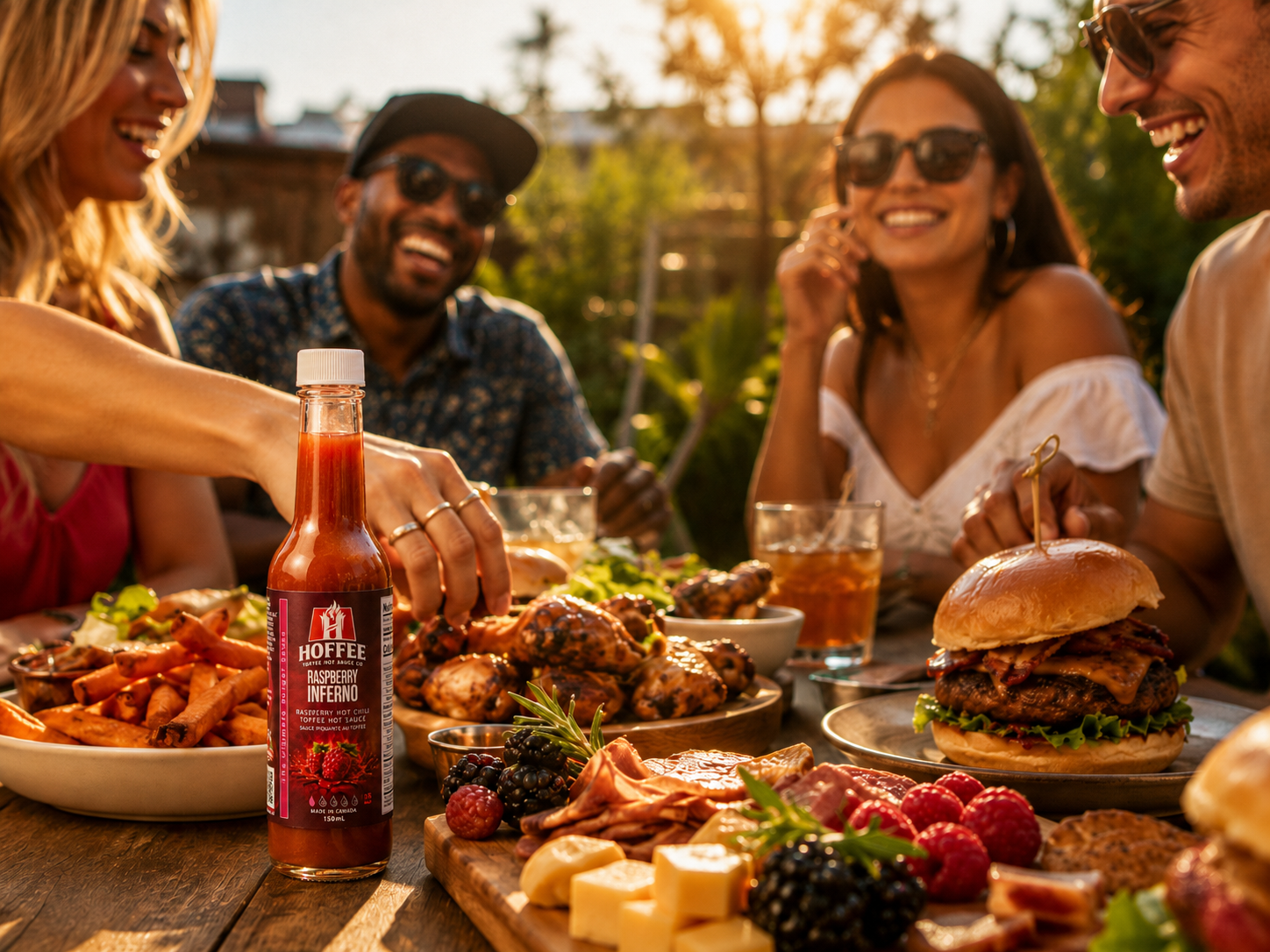 Group of people enjoying a meal outdoors with a bottle of HOFFEE hot sauce on the table.