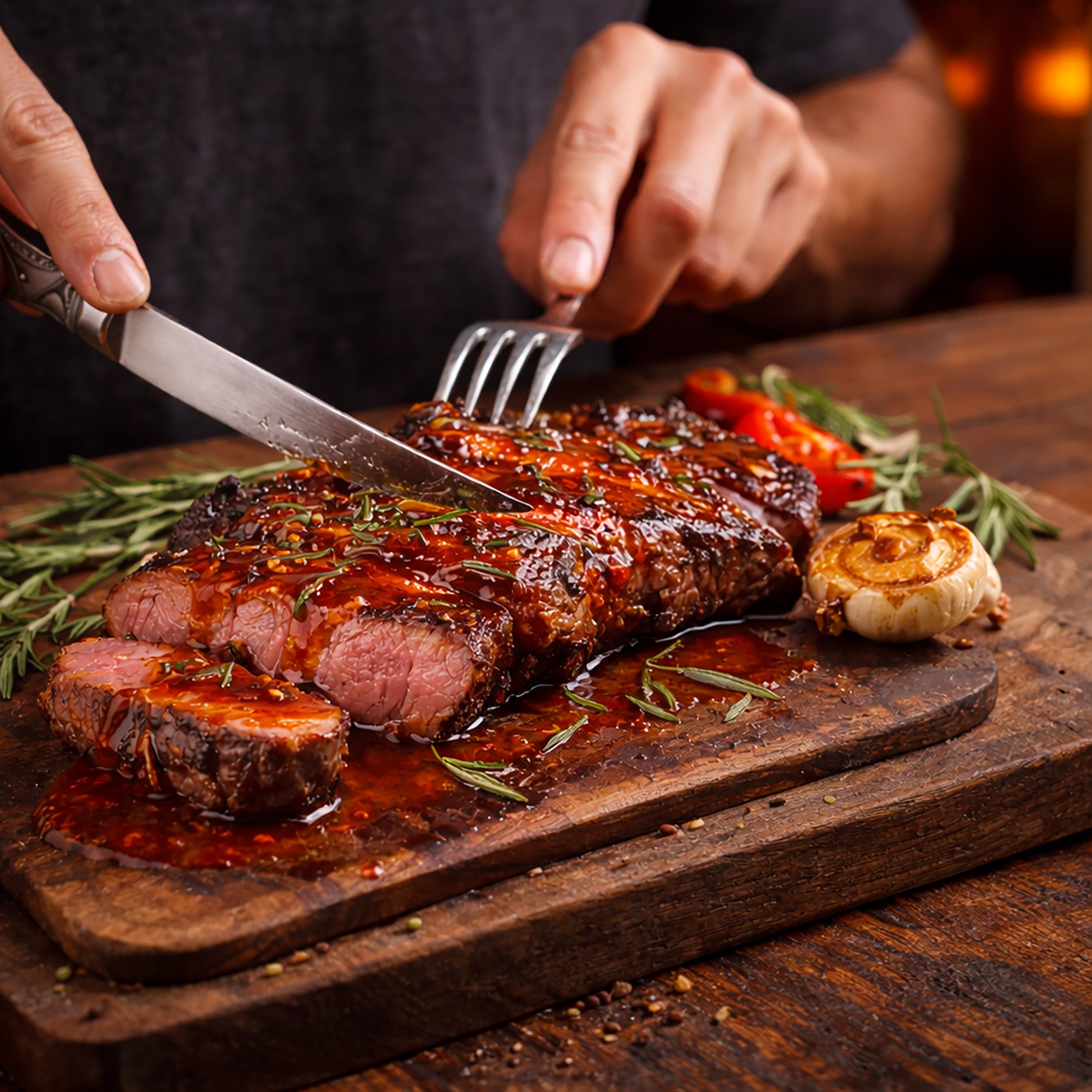 Steak being cut on a wooden board with herbs and garlic, blurred background and HOFFEE Toffee  Hot Sauce on top