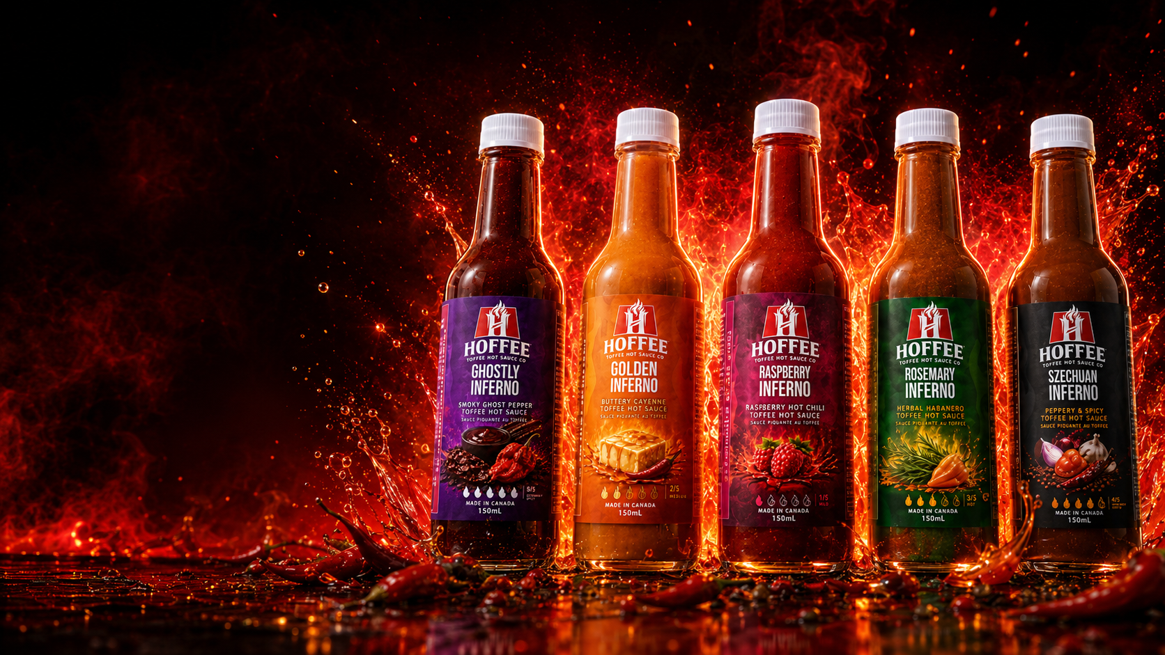 Five bottles of Hoffee hot sauce with fiery background