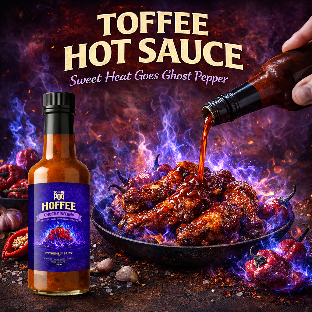 Hoffee Ghostly Inferno Toffee Hot Sauce being poured over food with fiery background