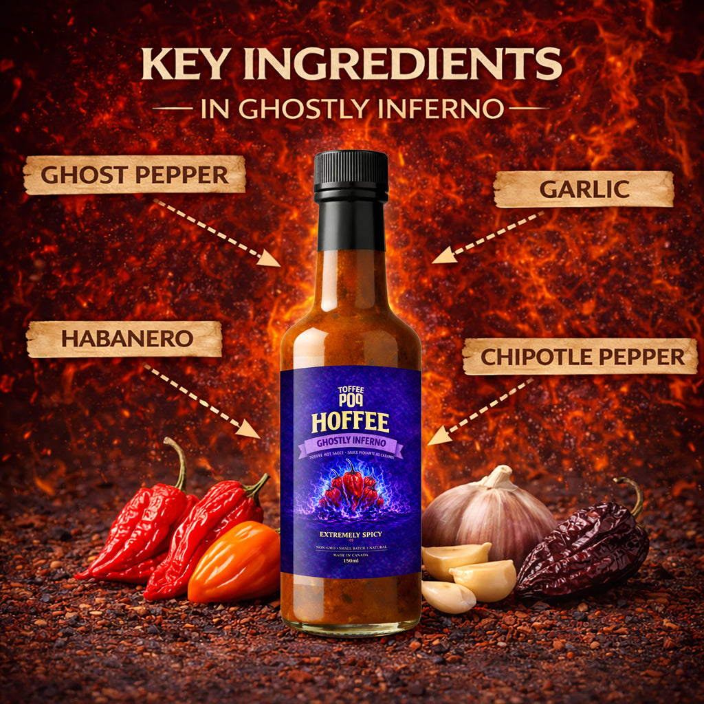 Hoffee Ghostly Inferno hot sauce with key ingredients labeled on a fiery background