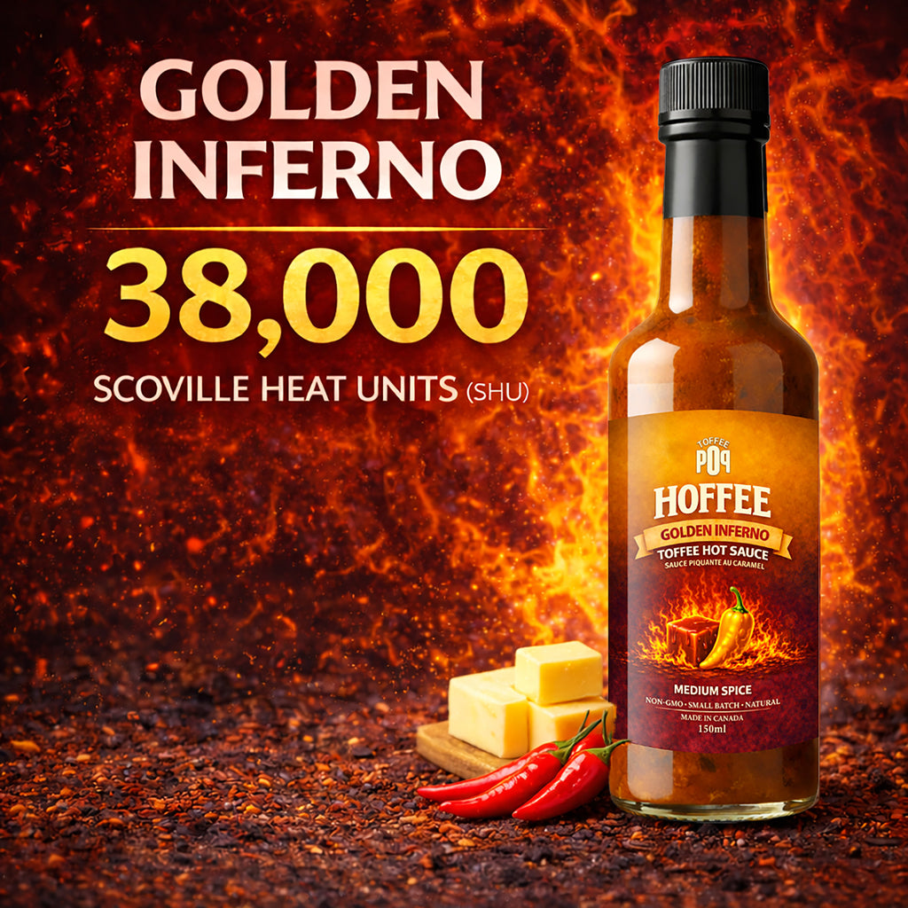 Hoffee Golden Inferno hot sauce bottle with fiery background and heat unit information
