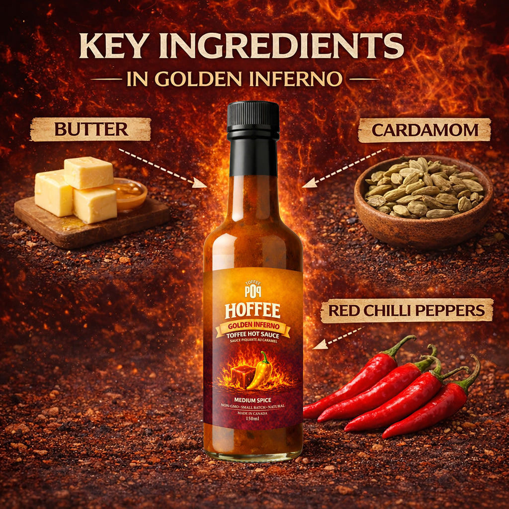 Hoffee Golden Inferno hot sauce with key ingredients displayed on a fiery background
