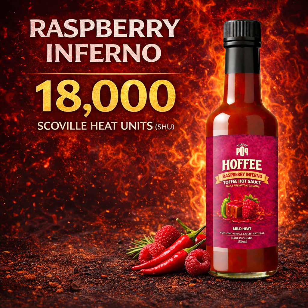 Hoffee Raspberry Inferno hot sauce bottle with heat unit information on a fiery background