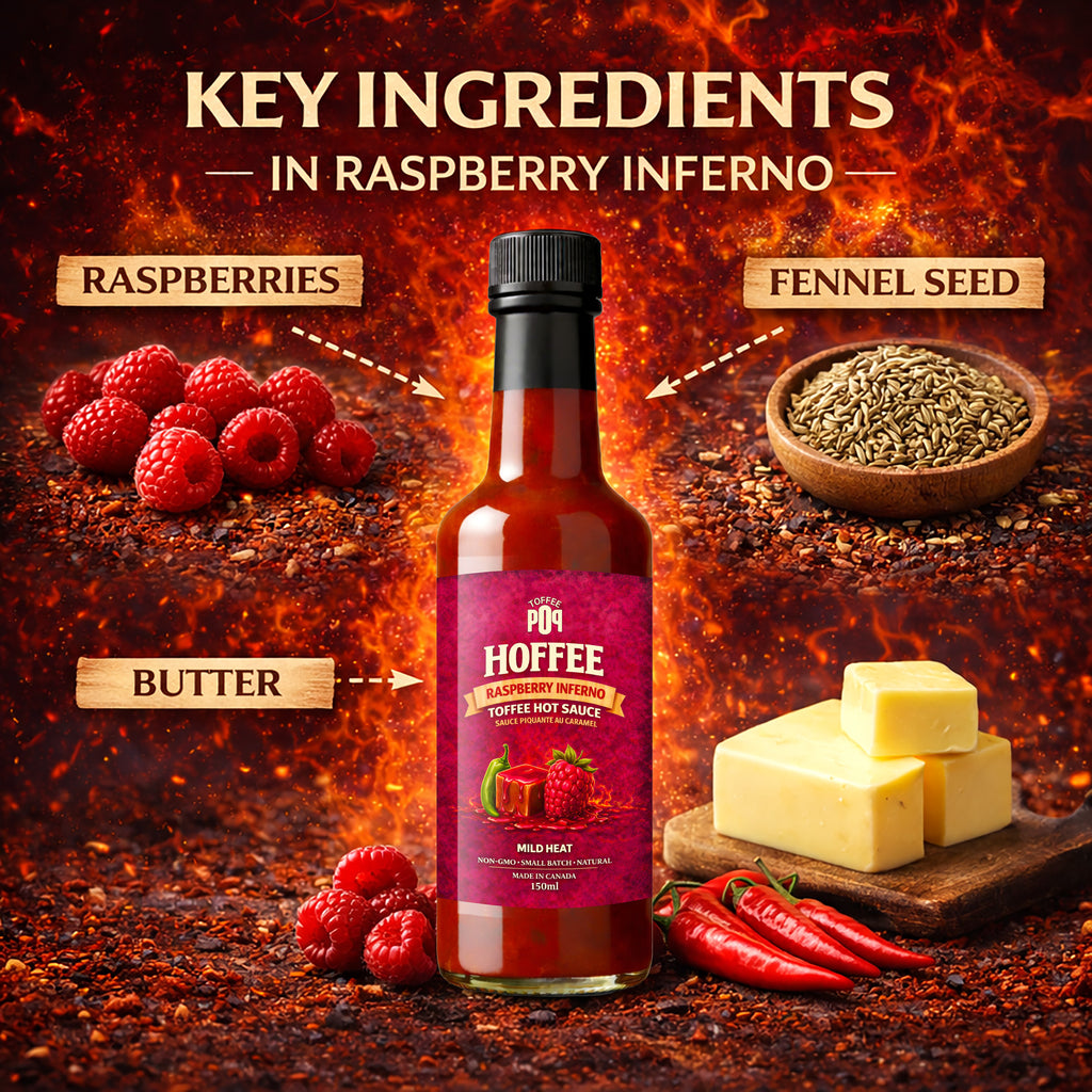 Hoffee Raspberry Inferno hot sauce with key ingredients displayed on a fiery background