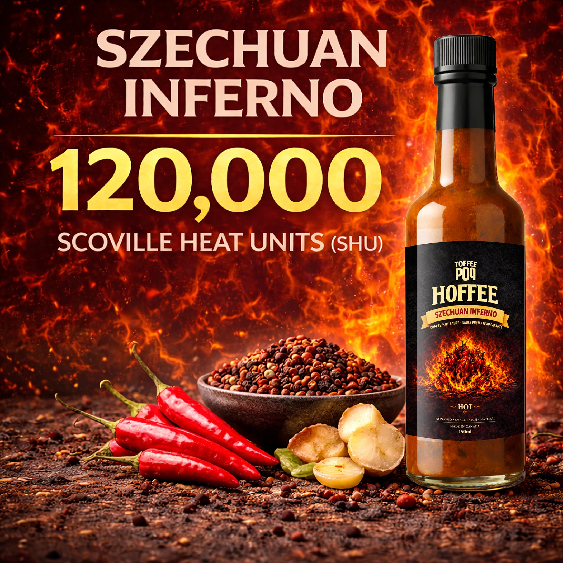Hoffee Szechuan Inferno hot sauce bottle with chili peppers and spices on a fiery background