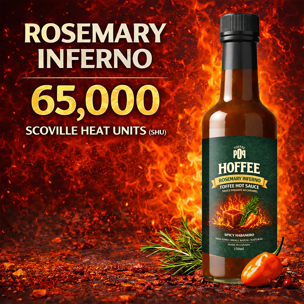 Hot sauce bottle labeled 'Rosemary Inferno' with fiery background and heat unit information.