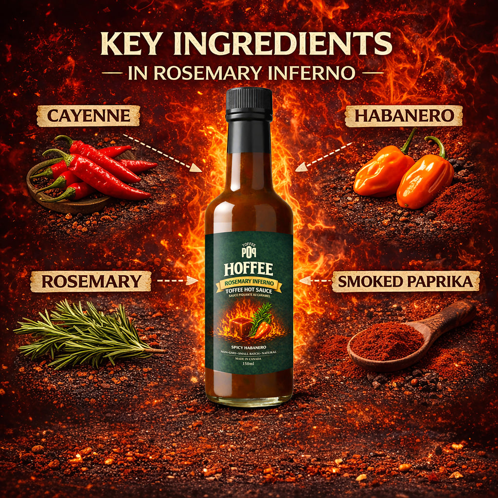 Hot sauce bottle labeled 'Rosemary Inferno' with key ingredients on a fiery background