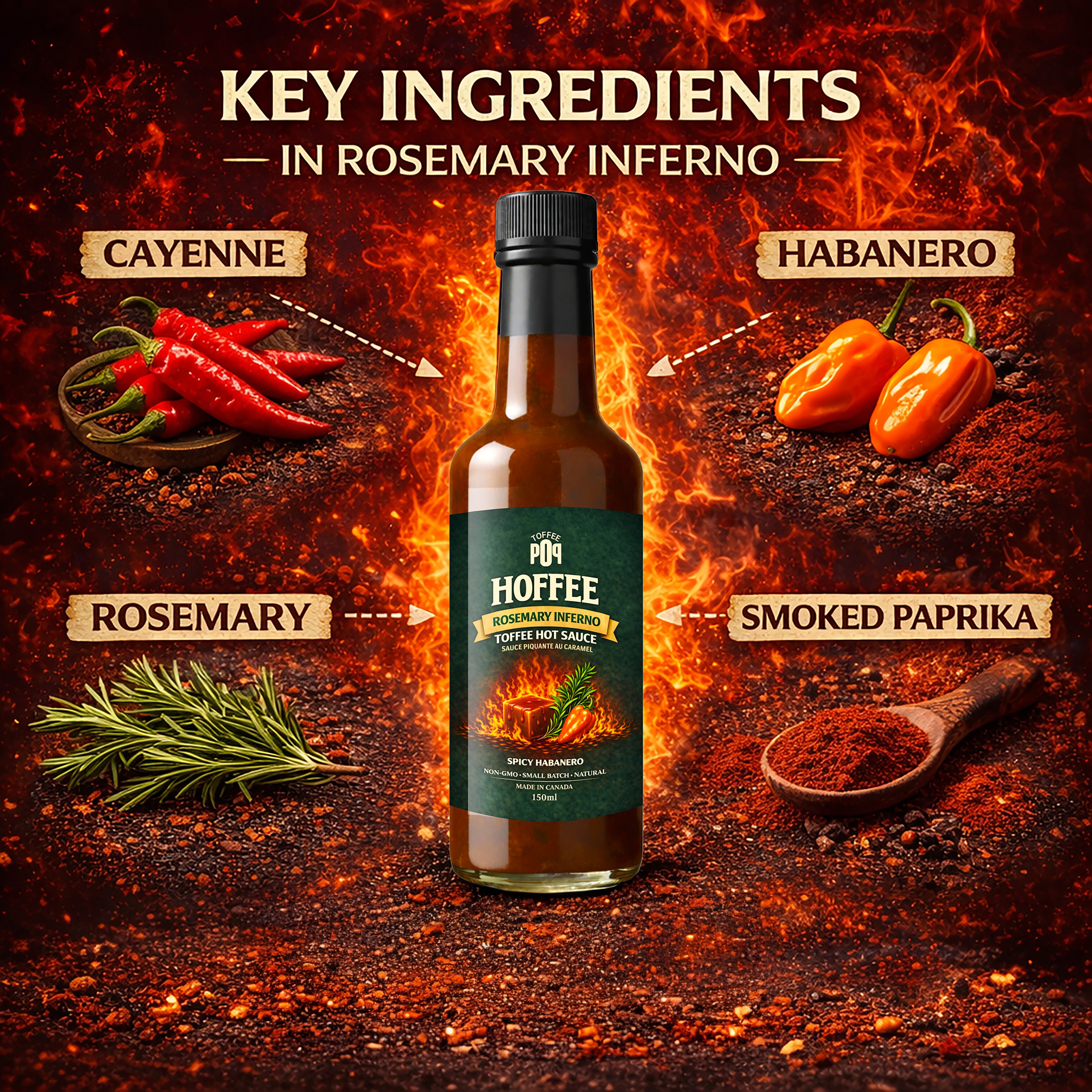 Hot sauce bottle labeled 'Rosemary Inferno' with key ingredients on a fiery background