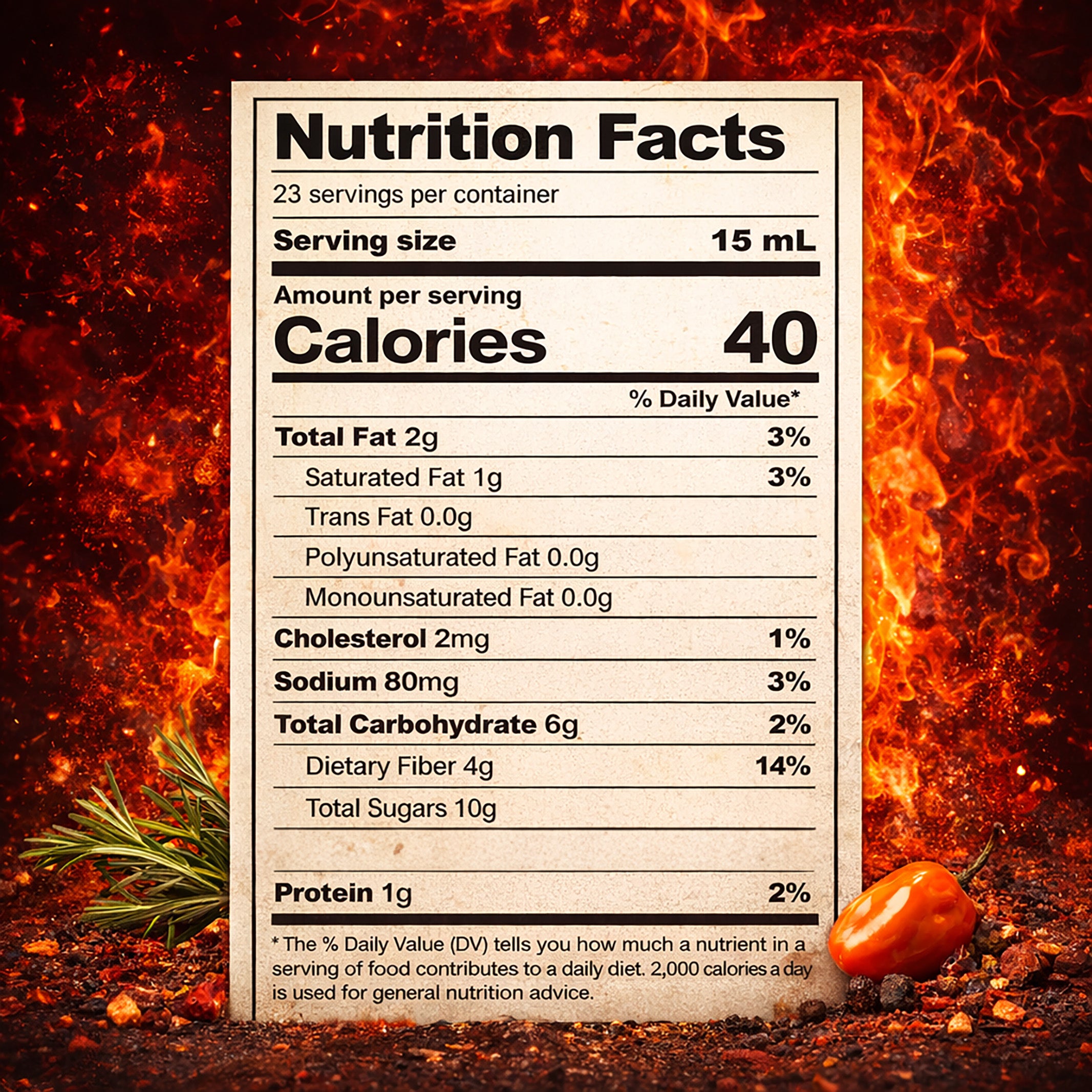 Nutrition facts label on a fiery background with chili pepper and rosemary.