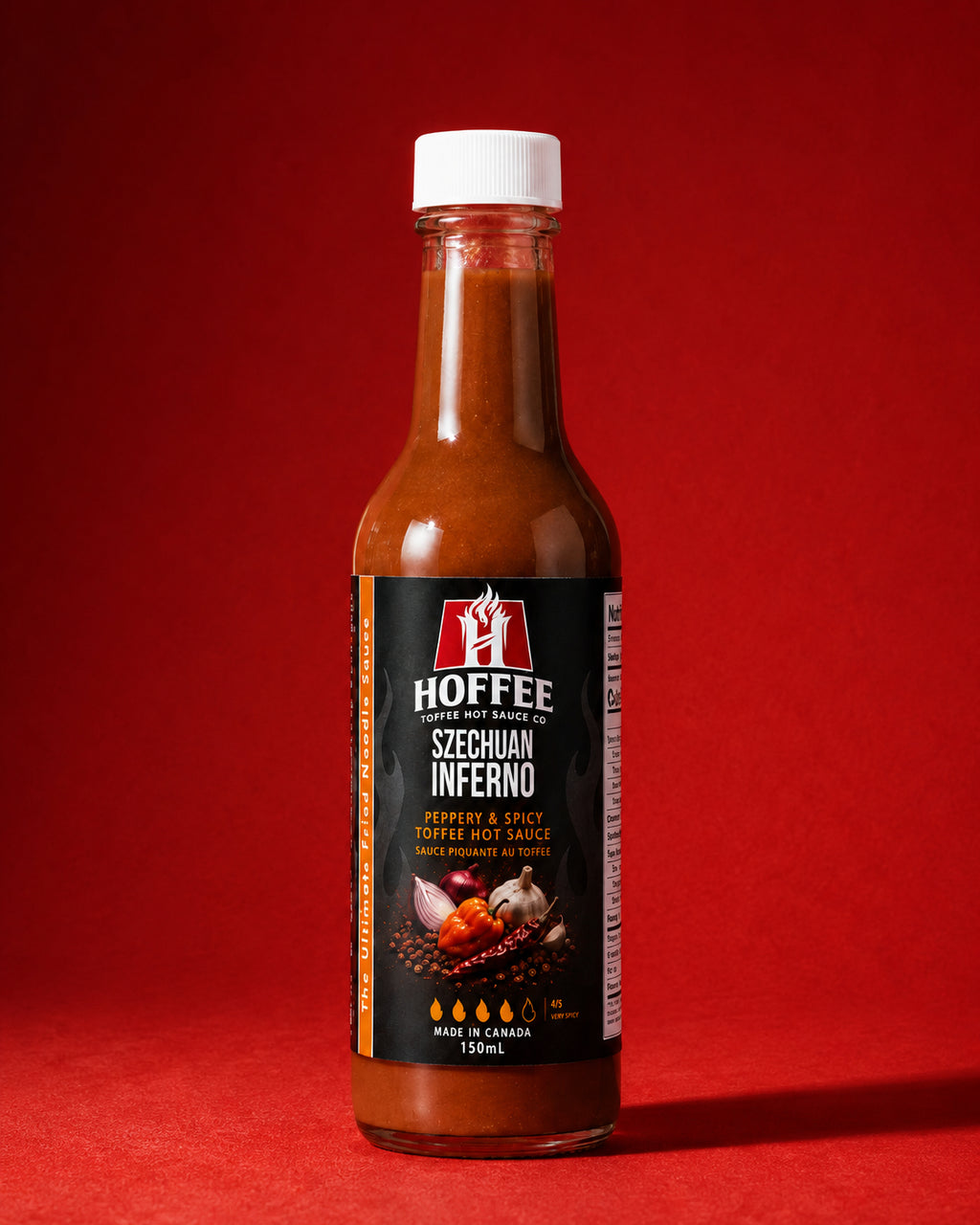 Bottle of Toffee Pop Hoffee Szechuan Inferno hot sauce on a white background
