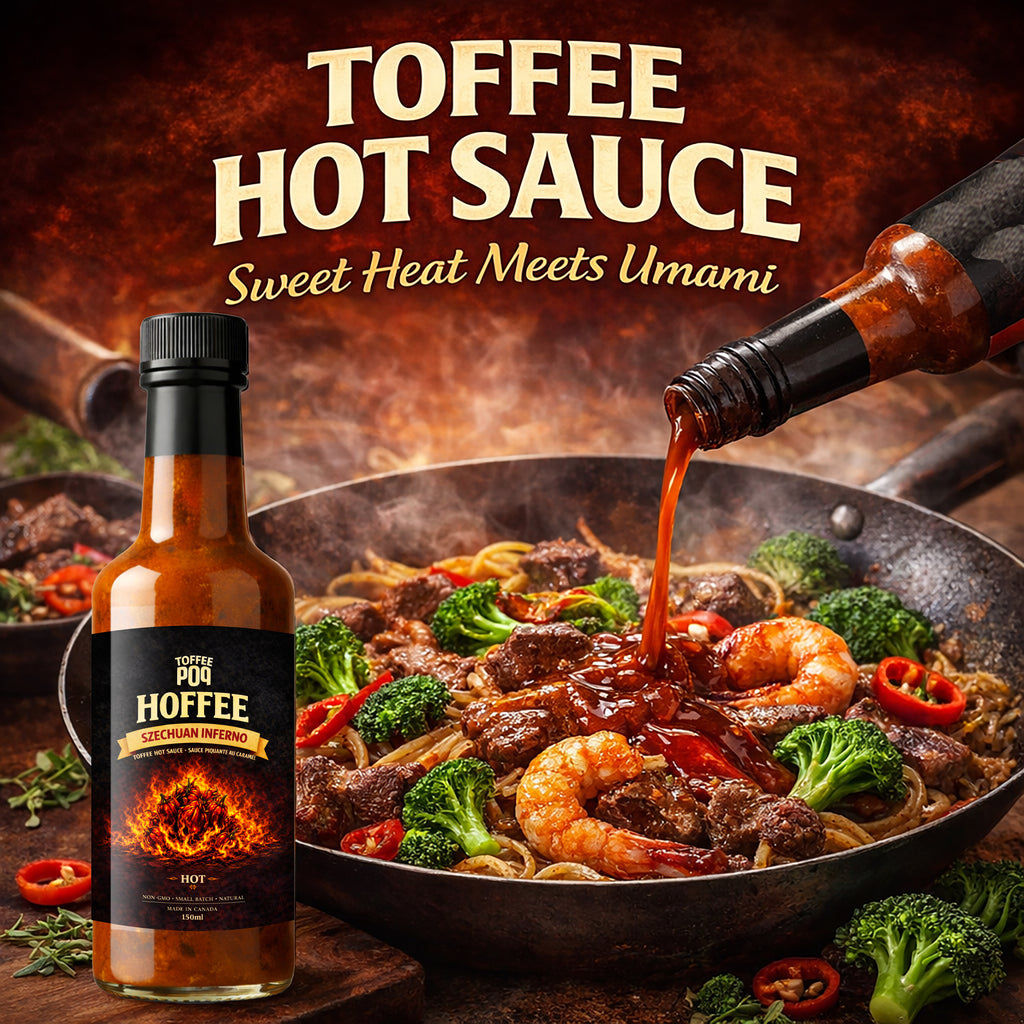 Szechuan Inferno Toffee hot sauce being poured over a dish with text 'Toffee Hot Sauce: Sweet Heat Meets Umami'.