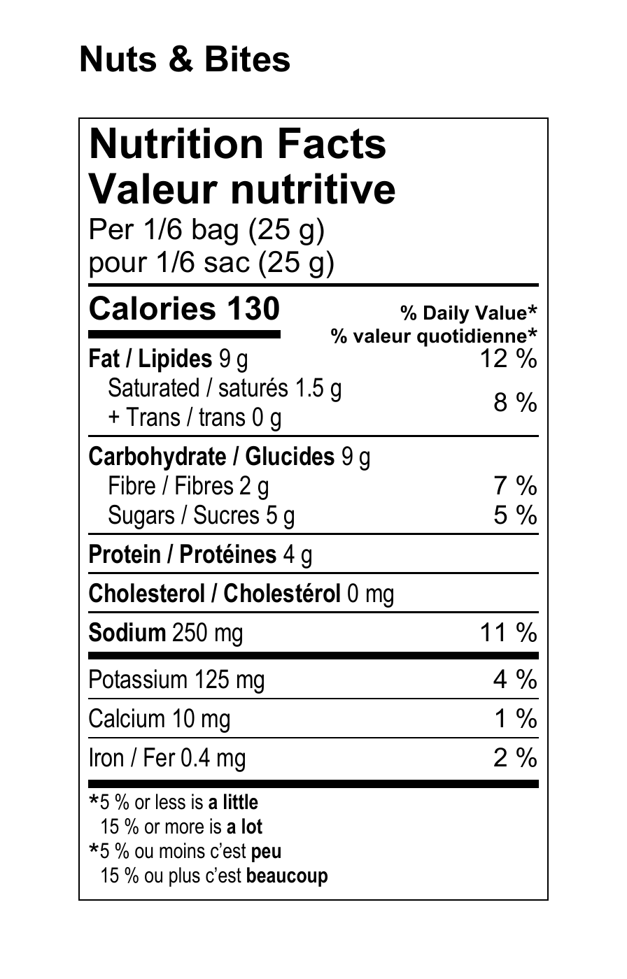 Nuts & Bites nutrition facts per 1/6 bag (25 g): 130 calories, 9 g fat, 9 g carbohydrate, 5 g sugars, 4 g protein and 250 mg sodium.