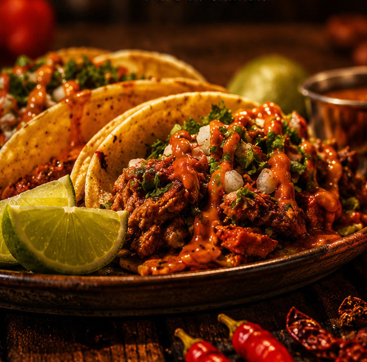 Spicy tacos with lime and fresh toppings