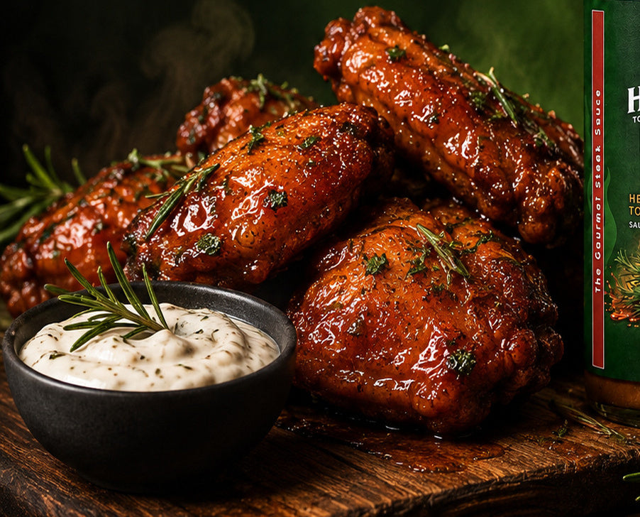 Glazed chicken wings served with a creamy dip