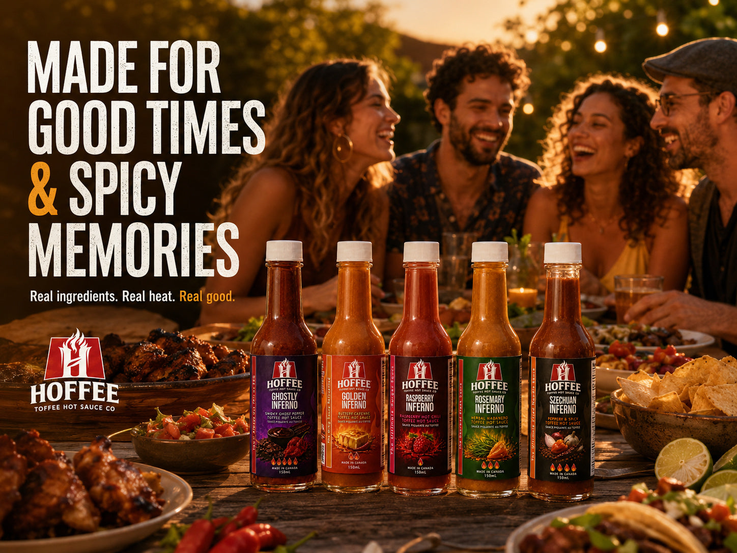 Friends sharing a meal with the HOFFEE hot sauce lineup