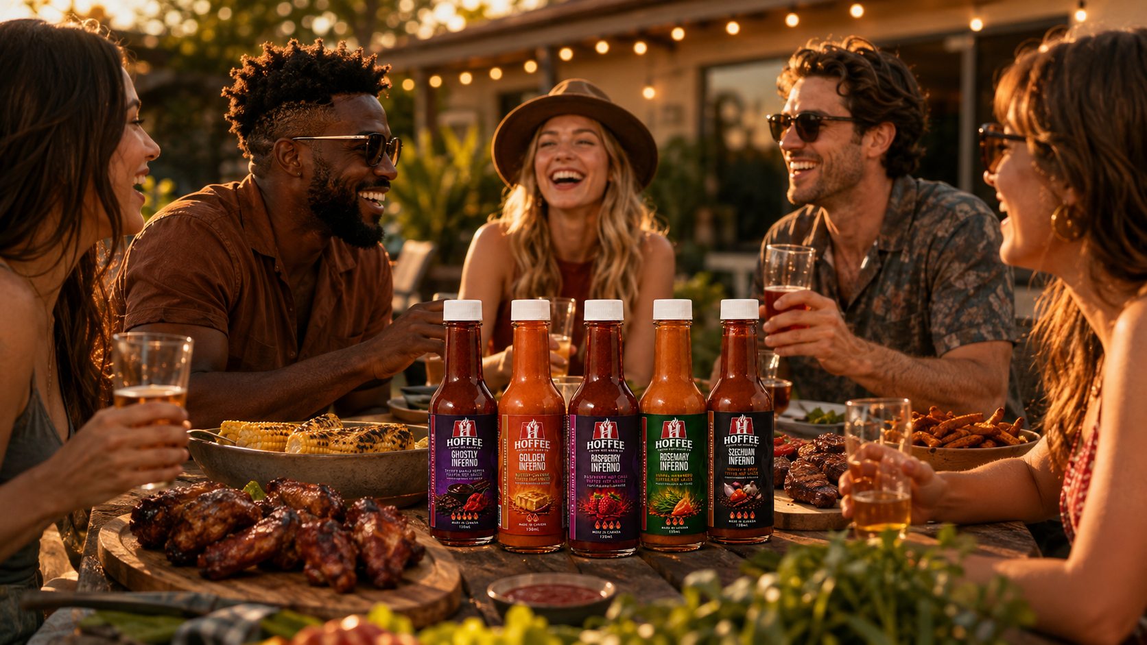 Friends sharing a backyard meal with HOFFEE hot sauce